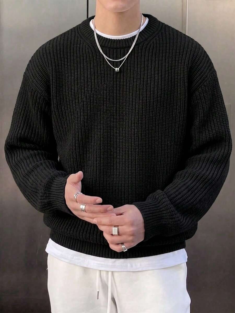 1pc Boy & Boys' Simple Solid Color Comfortable Casual Outdoor Loose Hollow Knit Sweater, Crew Neck Pullover, Thick For Autumn/Winter - Black - View 1