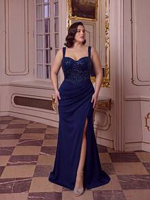 ADYCE Elegantes Brautjungfernkleid mit dicken Trägern, tailliert, rückenfrei, figurbetont, mit Pailletten, hohem Schlitz und bodenlang, Abendkleid für Abschlussball, Geburtstagskleid für Party - marineblau - Übersicht 3