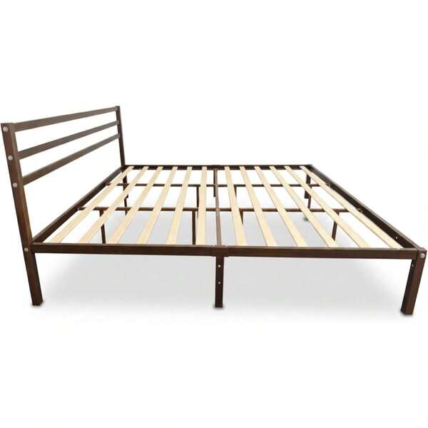 Base de Cama Matrimonial Minimalista de Metal y Madera, Color Café, Estructura Resistente, Mueble para Dormitorio, Soporte Robusto, Fácil de Armar para Uso Diario