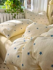 Minimalist Blue Star Bedding Set, Comfortable & Breathable Bed Sheet & Duvet Cover 4-Piece Set (1 Duvet Cover + 1 Bed Sheet + 2 Pillowcases, Duvet Insert & Pillow Insert Not Included, Pillowcase Pattern Randomly Cut) - Baby Blue - View 3