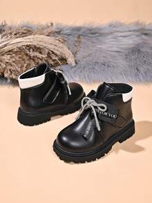 Girls' Colorblock Collar Ankle Boots, Autumn/Winter New Hook-And-Loop Thick Sole Anti-Slip Simple Versatile Fashion Casual Boots - Black - View 2