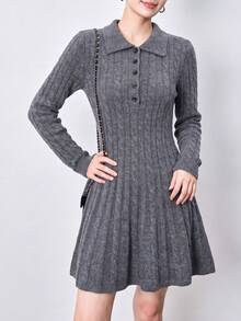 Women's New Autumn Cable Knit Design Turn Collar Waist-Cinching Slimming Dress - Grey - View 4
