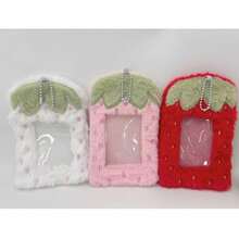 1pc Strawberry Plush Photo Card Holder Pendant, Soft Fluffy 3-Inch Idol Card Storage Bag, Cute Aesthetic Photo Card Display Storage Charm, Suitable For Fans - Multicolor - View 3