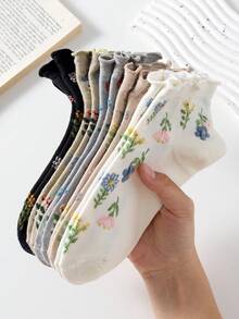 5 Pairs Women's Short Socks With Floral Pattern And Frill Trim, Non-Slip Comfortable Breathable, Suitable For All Seasons - Multicolor - View 2
