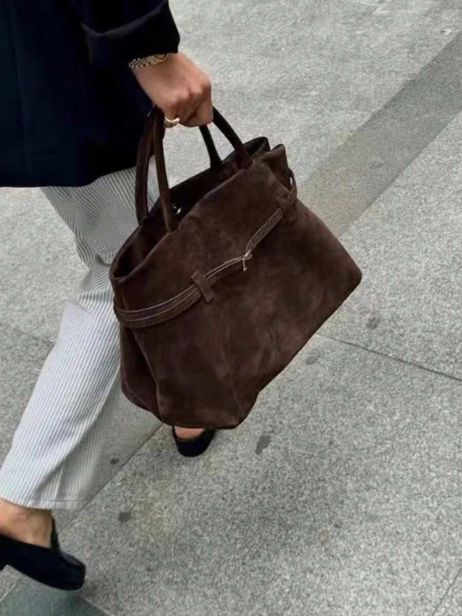 復古秋冬大容量仿麂皮托特包，歐美風，百搭通勤休閒日常旅行單肩包