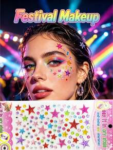 Colorful Five-Point Star Face Sticker Set With Tweezers, Mixed Rhinestone Star Stickers, Self-Adhesive Decorative Stickers For Music Festival, Party, Holiday, Eyes, Cheeks, Face And Nails,Halloween Costume - Multicolor - View 2