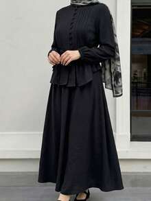 Women's Elegant Pleated Front Button Ruffle Blouse + Long Skirt 2 Pieces Set, Elastic Cuffs Casual Daily Outfit - Black - View 9