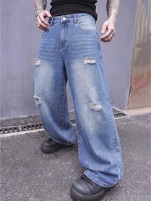 Men's Light Blue Vintage Distressed Ripped Loose Wide Leg Jeans, 90s Skateboard Street Style Back Pocket Embroidered Denim Pants - Blue - View 5