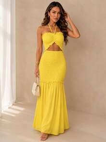 ChicMe Women's Strapless Drawstring Waist Ruched Mermaid Hem Bodycon Party Dress, Sexy For Party And Holiday Wear - Yellow - View 3