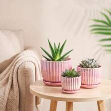 Pink Plant Pots,Ceramic Planters With Drainage Holes And Saucers Set Of 3 | Ceramic Planters For Indoor Plants | Cute Plant Pots | Mode - Pink - View 8