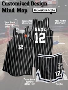 Customized Basketball Jersey Set, Personalized Name Number Team Logo, Black And White Striped Sports Uniform, Suitable For Games Training Practice, Unisex, Team Set - Black and White - View 1