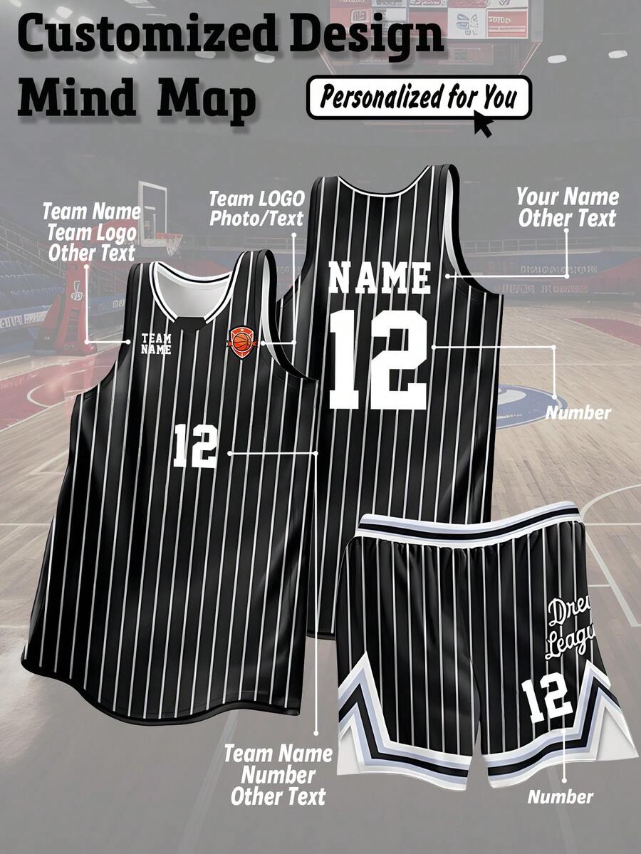 Customized Basketball Jersey Set, Personalized Name Number Team Logo, Black And White Striped Sports Uniform, Suitable For Games Training Practice, Unisex, Team Set - Black and White - View 1