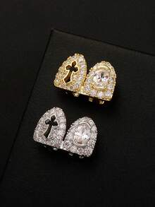 RACHELZ Double Layer Hollow Cross Full Rhinestone Grillz Teeth Caps Hip Hop Retro Eye Style Cubic Zirconia Tooth Caps Unisex Shiny Jewelry - Silver - View 4