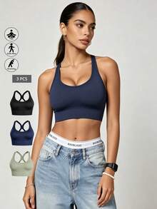 Runway Rest 3pcs/Set Bra Olahraga Peredam Guncangan Tanpa Jahitan, Ringan & Bernapas, Cocok Untuk Lari, Desain X-Back, Dukungan Tanpa Kawat yang Kuat - MultiWarna - View 1