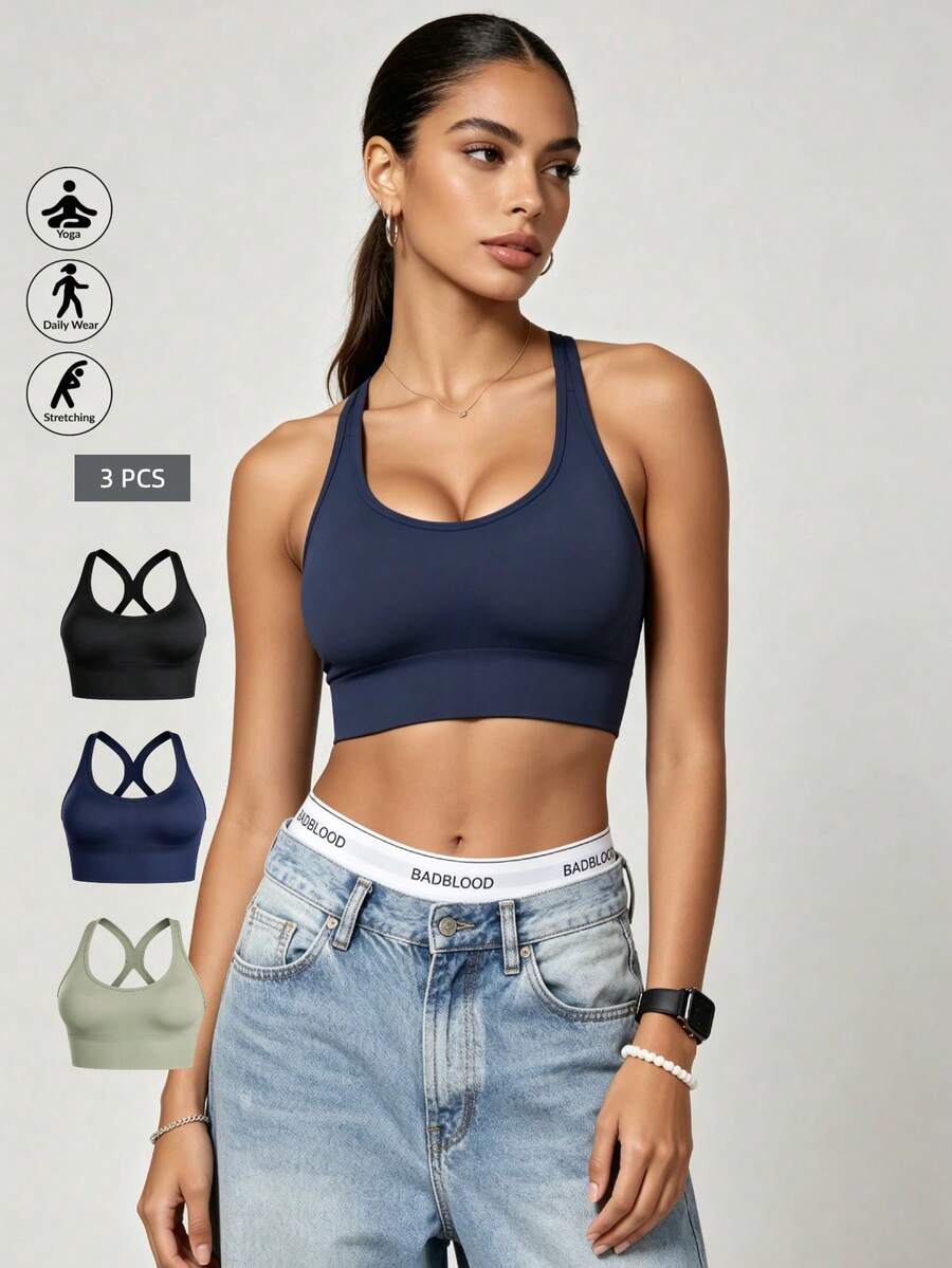 Runway Rest 3pcs/Set Bra Olahraga Peredam Guncangan Tanpa Jahitan, Ringan & Bernapas, Cocok Untuk Lari, Desain X-Back, Dukungan Tanpa Kawat yang Kuat - MultiWarna - View 1