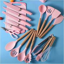 Juego de 19 utensilios de silicona para hornear con mangos de madera, cuchillos resistentes al calor, herramientas de cocina duraderas (blanco crema) - Ver 3