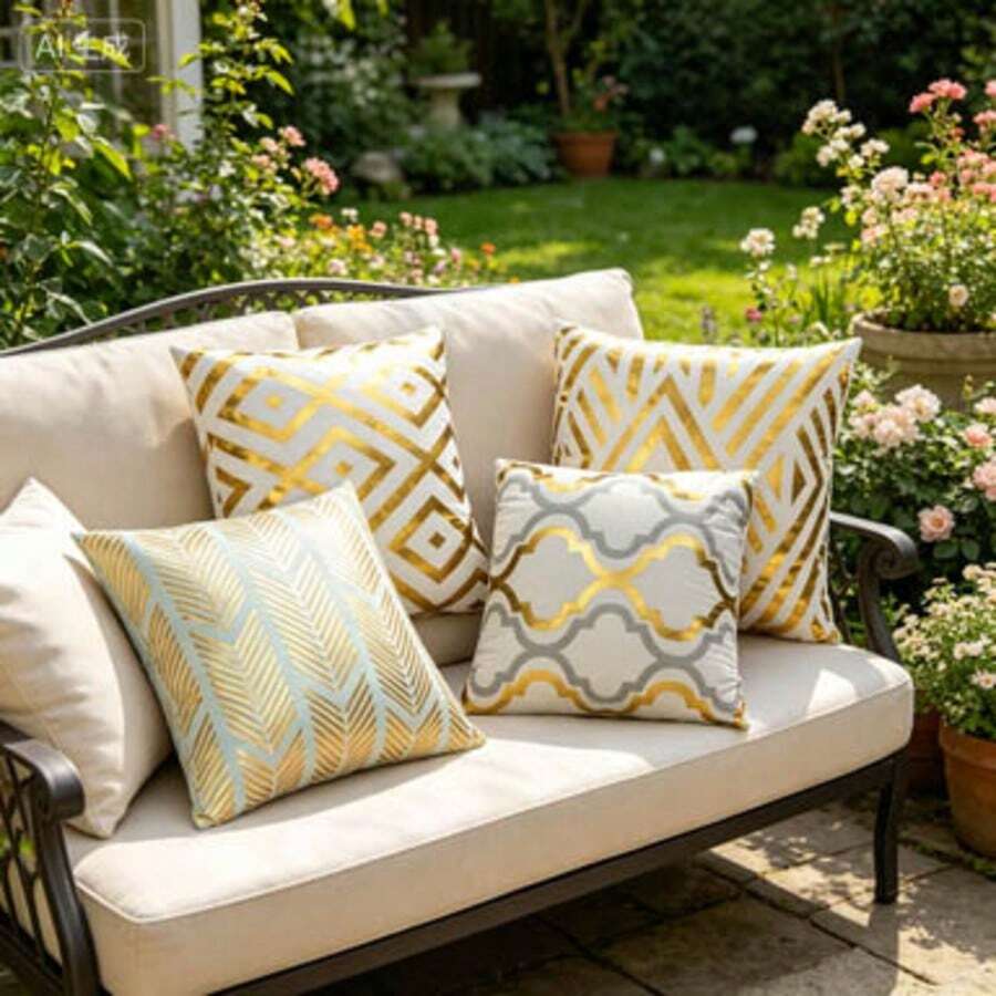 shangxia 4PCS--Gold Foil Geometric Pattern Pillow Covers, Luxury Gold Diamond Lattice Pattern Cushion Covers, Modern Minimalist Living Room Sofa Pillow Covers, Pillow Inserts Not Included - Gold - View 1