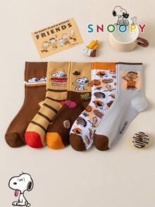 1/5/10 Pairs Snoopy Socks, Maillard Vintage Style Mid-Calf Socks, Color Block Striped Personalized Print, Daily Wear, Fun Christmas Gift - Multicolor - View 13