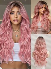 Wig Sintetis Panjang Bergelombang Longgar Motif Kupu-kupu Merah Muda Gradien 26 Inci, Serat Tahan Panas, Belahan Tengah, Gaya Alami Bervolume, Cocok untuk Halloween, Thanksgiving, Natal, Acara Cosplay, Aksesori Festival, dan Ekstensi Rambut - MultiWarna - View 3