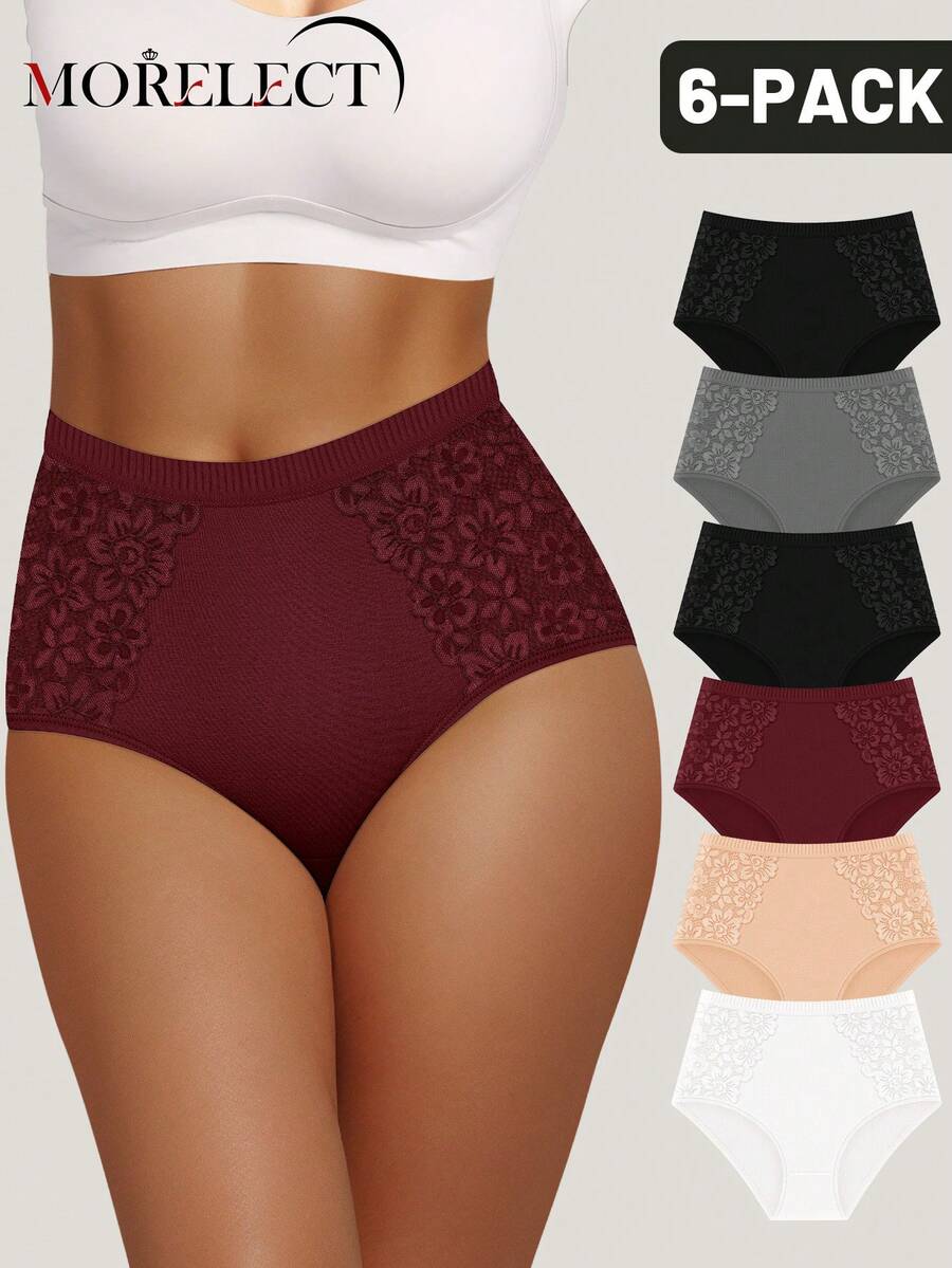 Morelect 6pcs Women's Pure Cotton Mid-High Waist Panties, Full Coverage, Lace Patchwork, Floral Print, Elegant & Breathable