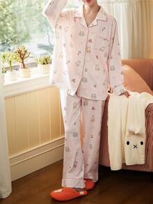 Gongdie 2pcs Miffy Women's Pajama Set, Spring/Autumn Light Pink Soft Cotton Loungewear, With Contrast Trim, Bow & Polka Dot Print - Baby Pink - View 3