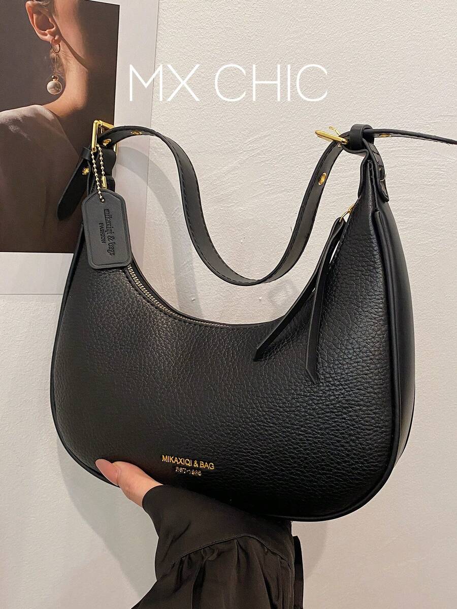 1pc Solid Color PU Leather Shoulder Bag For Women, Versatile Crossbody Bag For Commuting, Adjustable Shoulder Strap - Black - View 1