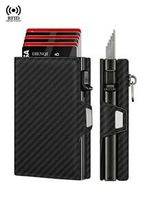 Men's RFID Blocking Wallet Carbon Fiber Pop Up Card Holder Slim Minimalist Credit Card Case With Zipper Coin Pocket & Hasp, Anti-Theft Metal Wallet - Black - View 2