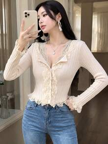 2026 Lace 2-Piece Set, V-Neck Lace Camisole + Ruffled Button Knit Cardigan Suit, Gentle Style Knit Outfit For Young Ladies, Suitable For Spring/Summer Daily Wear, Dates, Afternoon Tea - Apricot - View 1