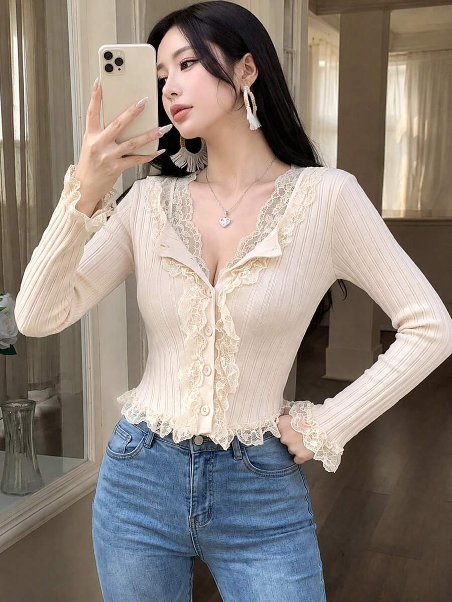 2026 Lace 2-Piece Set, V-Neck Lace Camisole + Ruffled Button Knit Cardigan Suit, Gentle Style Knit Outfit For Young Ladies, Suitable For Spring/Summer Daily Wear, Dates, Afternoon Tea - Apricot - View 1