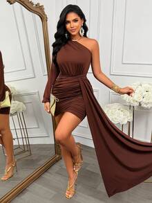 Fashion One-Shoulder Long Sleeve Fitted Dress, Asymmetric Pleated Design, Elegant And Charming Women's Party Mini Dress - Brown - View 1