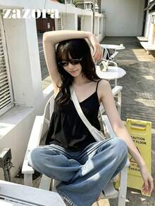 韓式休閒寬鬆V領女款細肩帶背心，夏季時尚百搭無袖黑色背心 - 黑色 - 查看 1