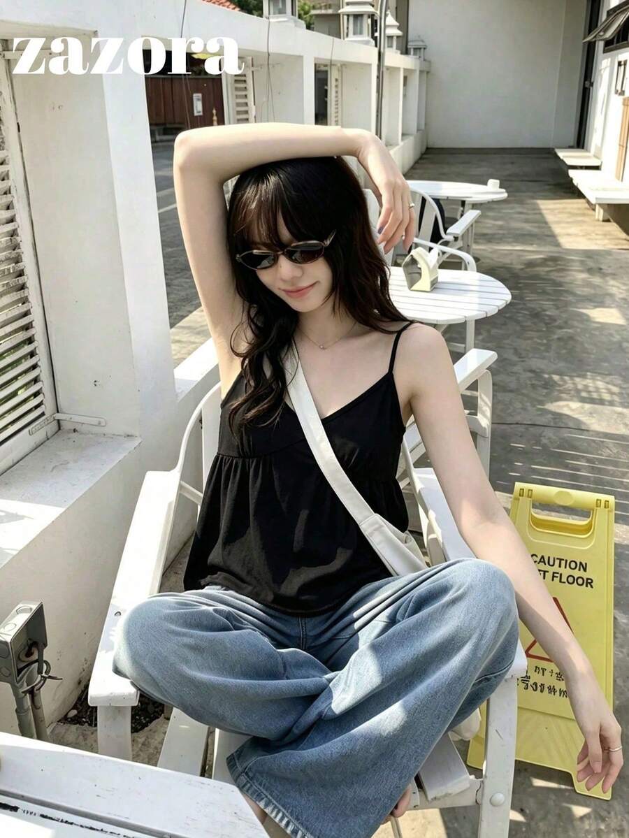 韓式休閒寬鬆V領女款細肩帶背心,夏季時尚百搭無袖黑色背心 - 黑色 - 查看 1