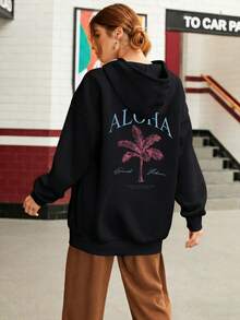 Women's Casual Aloha Palm Tree Graphic Hoodie, Long Sleeve Polyester Pullover Sweatshirt With Rib-Knit Details, Perfect For Summer Beach Vibes - Black - View 3