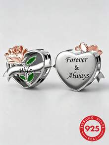 HuooNew 1件 S925 純銀雙面心形吊墜珠，玫瑰金玫瑰葉環氧樹脂雕刻「Wife Forever & Always」情人紀念 DIY 手鍊大孔銀珠 - 銀色 - 查看 1