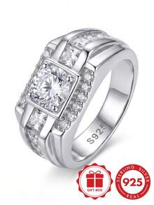 S925 Sterling Silver Men's Ring, Bold Square Zirconia Wide Band, Luxury High-End Business Style, Gift For Boyfriend With Gift Box - Silver - View 8