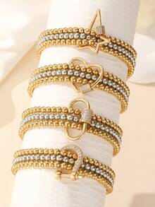 NAIZHU 1/4pcs European & American High-End Copper Inlaid Zirconia Gold Beaded Bracelet Set, Suitable For Women's Daily Wear, Dating And Party - Multicolor - View 2