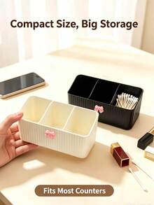 2/1pc Bowknot Decoration Grid Storage Box Three Grid Vertical Pattern Cosmetics Storage Box Dressing Table Lipstick Makeup Brush Sorting Box Bathroom Desktop Miscellaneous Storage Box - View 2