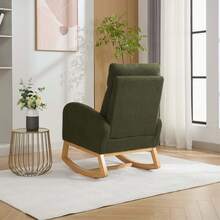 Mid‑Century Modern Teddy Fabric Rocking Chair, Ergonomic Padded Rocker Armchair With Side Storage Pocket, Solid Wood Rocking Legs For Living Room, Bedroom, Reading Nook - Green - View 4