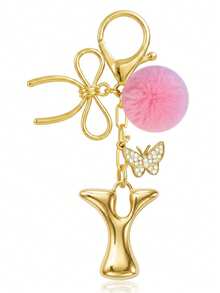 Cute Minimalist A-Z Initial Gold Keychain With Bowknot Pink Fur Ball Key Chain For Women's Bags, Daily Wear And Gift - Gold - View 13