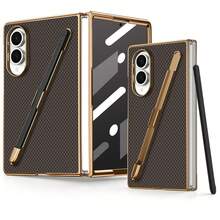 VIETAO Electroplated Design Built-In Pen Phone Case Compatible With Samsung Galaxy Z Fold 8 Ultra 7 6 5 4 Carbon Fiber Texture Phone Protective Shell - Brown - View 8