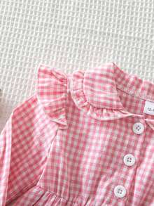 1pc Young Girl) Cute Peter Pan Collar Long Sleeve Plaid Shirt, Thin Fabric, Spring/Autumn - Pink - View 5