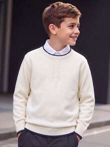 Boys' Round Neck Long Sleeve Knit Sweater, Simple Cable Knit Contrast Stripe College Style Casual Versatile Pullover, Suitable For Campus Daily Wear In Spring, Autumn And Winter - Apricot - View 1