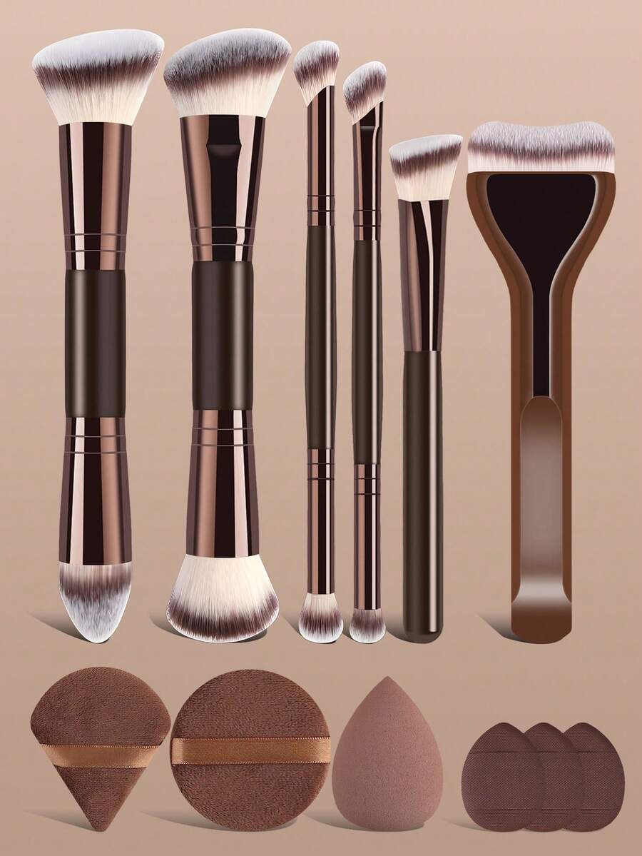 12pcs Makeup Brush Set, 6 Makeup Brushes, Basic Flat And Round Head Makeup Brushes, Suitable For Liquid Foundation, Loose Powder, Blush, Eyeshadow, Includes 6 Makeup Sponges, Easily Create Flawless And Smooth Makeup, Suitable For Travel, Party, Touch-Up, Gift, Personal Use And Other Occasions, Professional And Practical Makeup Brushes, Complete Makeup Tool Set