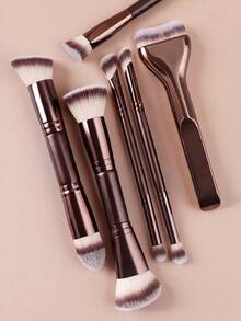 12pcs Makeup Brush Set, 6 Makeup Brushes, Basic Flat And Round Head Makeup Brushes, Suitable For Liquid Foundation, Loose Powder, Blush, Eyeshadow, Includes 6 Makeup Sponges, Easily Create Flawless And Smooth Makeup, Suitable For Travel, Party, Touch-Up, Gift, Personal Use And Other Occasions, Professional And Practical Makeup Brushes, Complete Makeup Tool Set - Coffee Brown - View 4