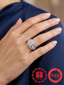 S925 Sterling Silver Men's Ring, Bold Square Zirconia Wide Band, Luxury High-End Business Style, Gift For Boyfriend With Gift Box - Silver - View 7