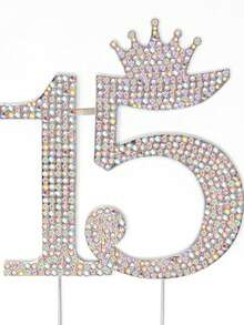 15th Birthday Princess Crown Rhinestone Letter Cake Topper - 15th Birthday Party (Gold) - Multicolor - View 8