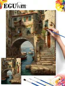 DIY Mediterranean Coastal Village Boat Landscape Digital Oil Painting Set (Unframed 8x12 / 16x20 Inches) Acrylic Paint, Suitable For Adult Beginners, Home Wall Decor, Unique Holiday Gift - Sets - View 2