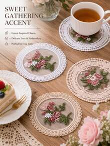 1pc Vintage Floral Lace Coaster Set, Romantic Embroidered Coasters, Coffee Table Decor - Multicolor - View 3