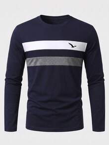 New Autumn Contrast Color Business Casual Round Neck Men Long Sleeve T-Shirt, For Fall - Blue - View 2