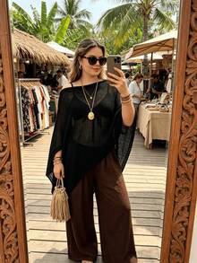 Women's Lightweight Crochet Cover Up, Short Cover-Up, Fuzzy Dress Layer, Mesh Sleeve Top, Beach Vacation Cover-Up - Black - View 1